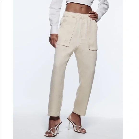 New Zara | Ecru Highrise Lose Ankle Athleisure Pants - Picture 11 of 15